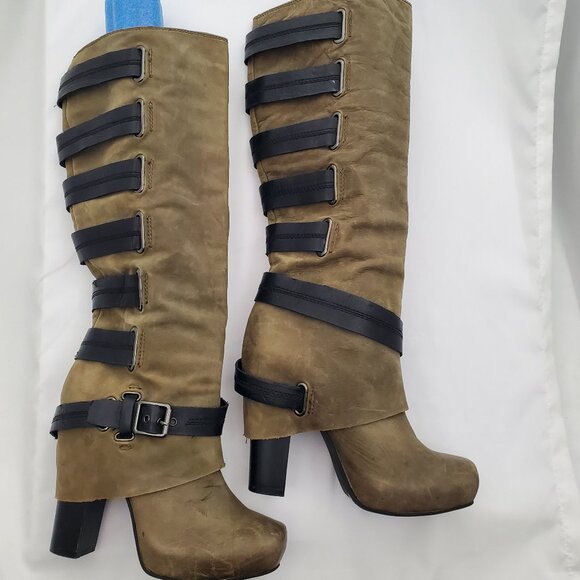 Unique Distressed Olive Green Leather Combat/Moto Boots | Multi-Strap Buckle 8.5 - Picture 3 of 11